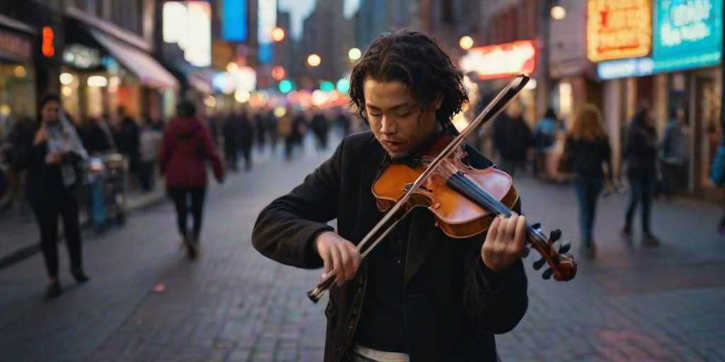 Blurry candid shot of a street musician playing a violin on a busy city corner at dusk, soft light from neon signs reflecting off nearby buildings, with passersby softly blurred in motion.