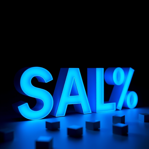 Create a glowing blue 3D text composition with the word SALE and percentage symbol, set against a black background with soft shadowed cubes around, captured with a DSLR camera at f/2.8, ISO 100, 1/60s shutter speed, in a low angle wide shot using a macro lens for enhanced depth of field and detail.