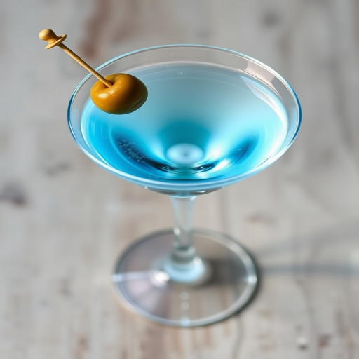 Create a high-resolution vector image of a martini glass filled with a light blue liquid and an olive on a skewer, captured with a DSLR camera using a 50mm lens, aperture set to f/1.8, ISO 100, in a top-down view with soft natural lighting to enhance clarity and detail.