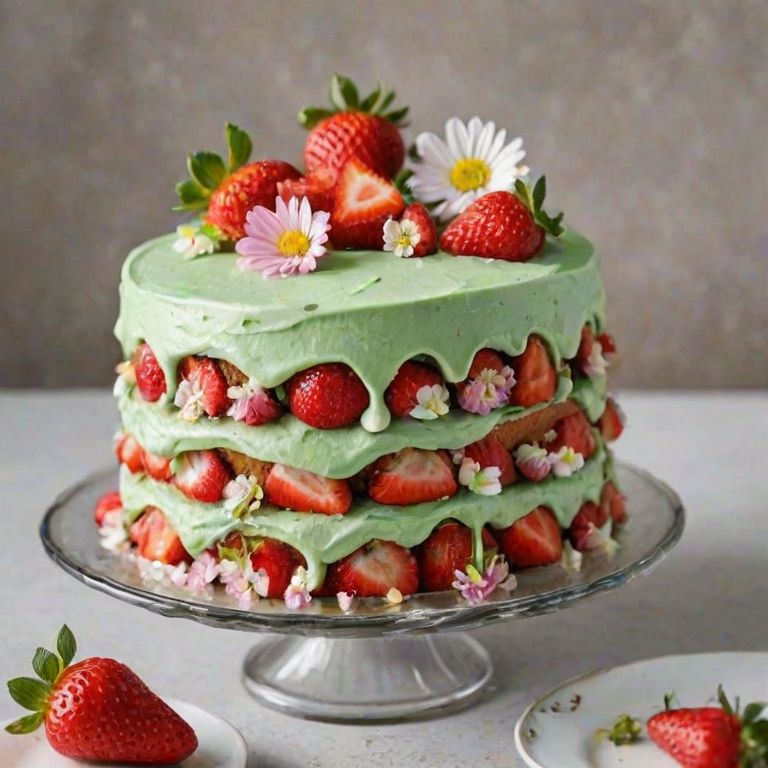 Generate an image of a layered cake with a light green frosting. The cake has visible layers of strawberry filling and is decorated with fresh strawberries and colorful flowers on top. The background should have a simple, neutral tone to highlight the cake.