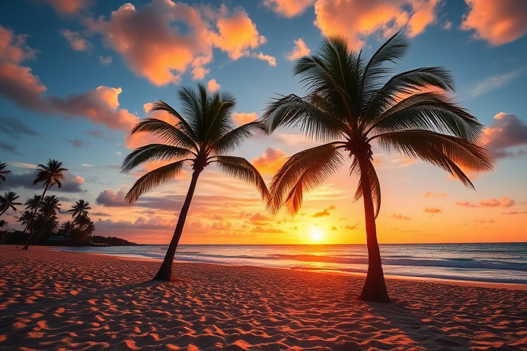 tropical beach scene with two palm trees and a sun setting in the background, vibrant colors, 50mm lens, f/11 aperture, ISO 100, shot from eye level with a wide angle to include more of the beach horizon, using a DSLR camera