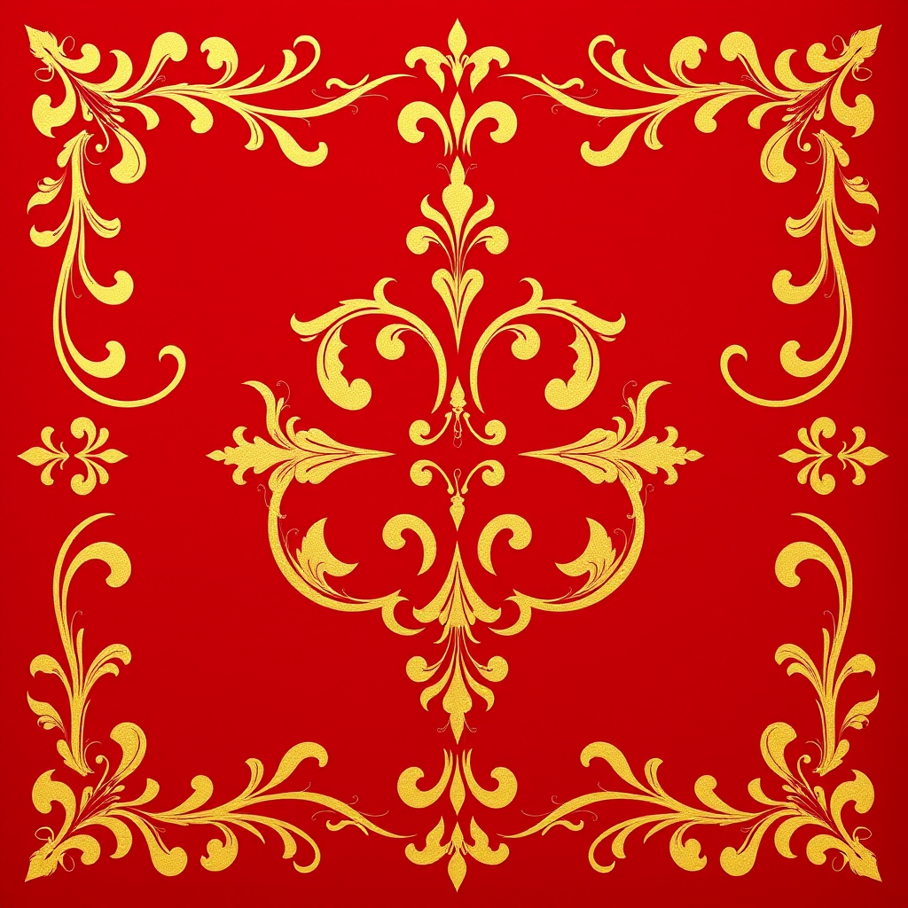 Create an elegant design featuring gold ornate swirls on a deep red background, in a high-resolution digital artwork style, 50mm lens, f/2.8 aperture, soft focus, natural lighting, shot from a straight-on view.