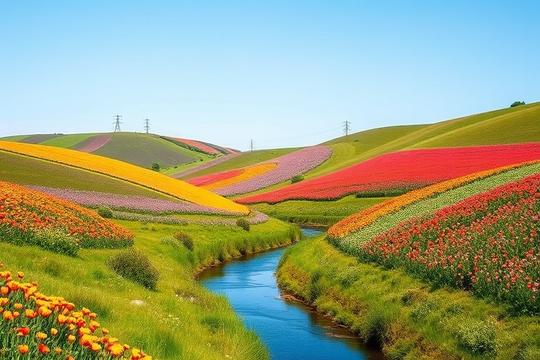 A whimsical landscape featuring rolling hills with vibrant flowers, a clear blue sky, and a winding river in the foreground, captured with a Canon EOS R5, 35mm lens, f/2.8 aperture, ISO 100, in soft natural lighting and a slightly elevated perspective for depth.