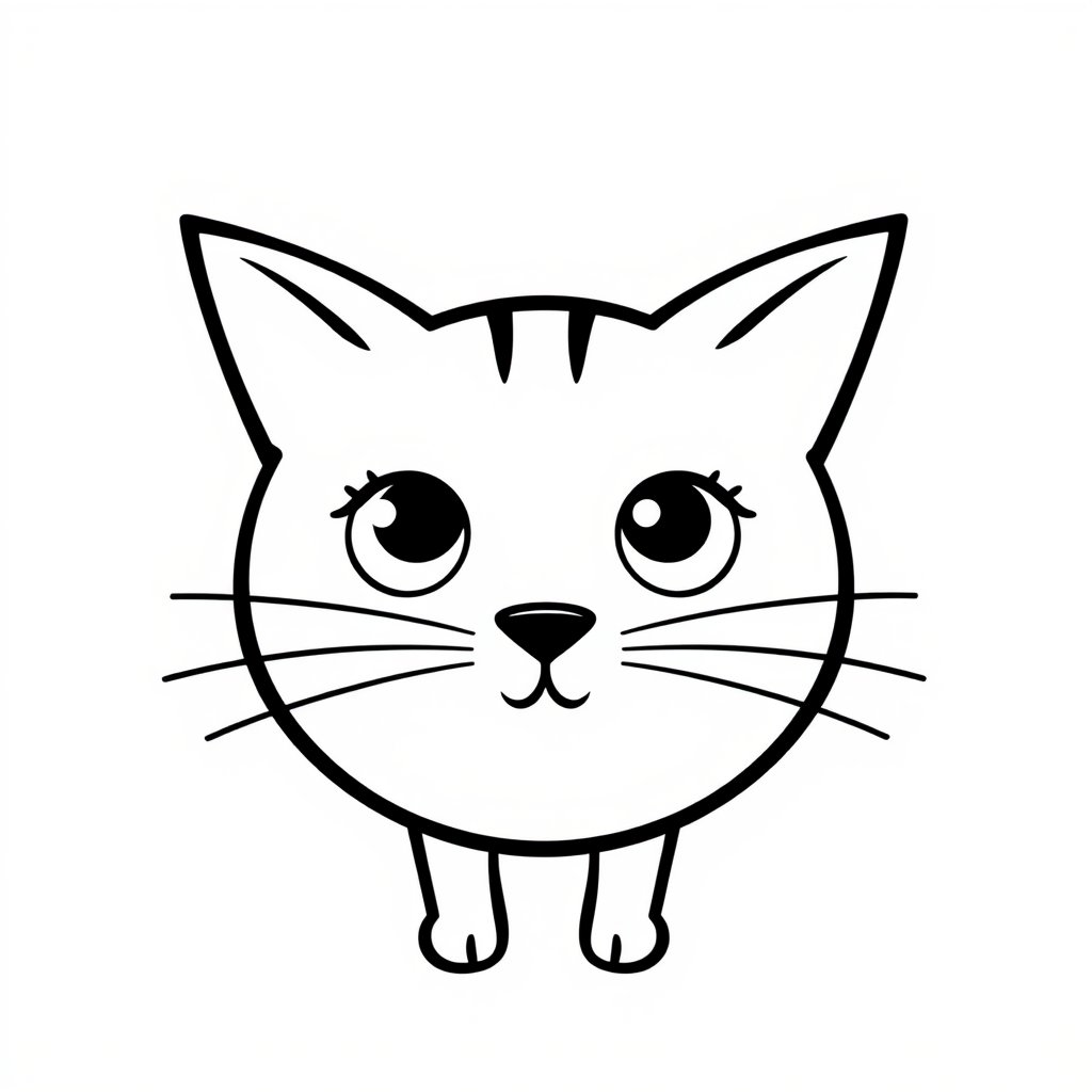 Create a black and white minimalist illustration of a cat. The cat should have large, round eyes and a simplistic, cartoonish style. Its ears should be tall and pointed, and its whiskers should be simple lines extending from its face. The background should be plain white to emphasize the cat's silhouette.