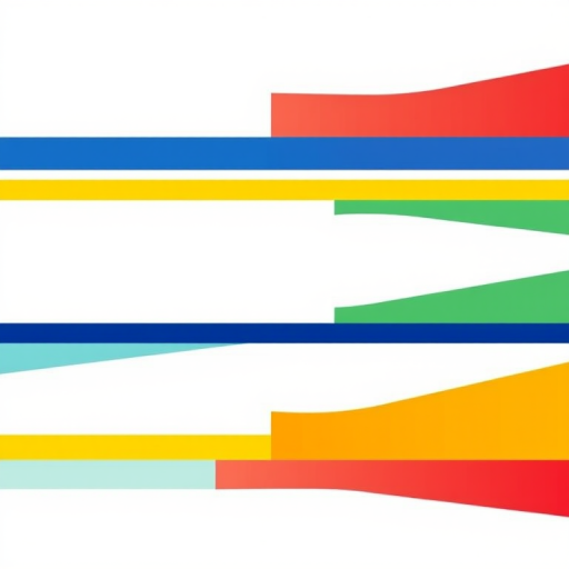 Create an image of an abstract design featuring four horizontal and vertical bands in blue, yellow, green, and red against a white background, captured with a DSLR camera at f/8 aperture, 1/100 sec shutter speed, ISO 200, shot from a straight-on view with a clean, modern style.