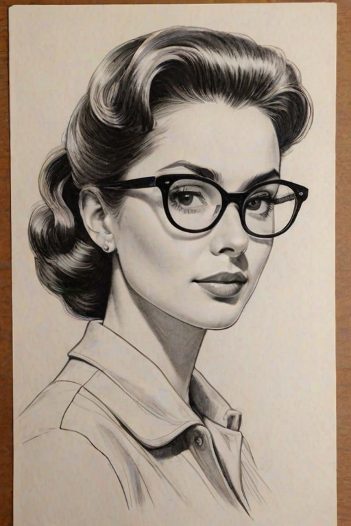 Bewitching Audrey Plaza, pencil sketch, portrait of Comely woman 1947s in glasses, hair style beatnik, outline, clear lines, fine lines, 8k