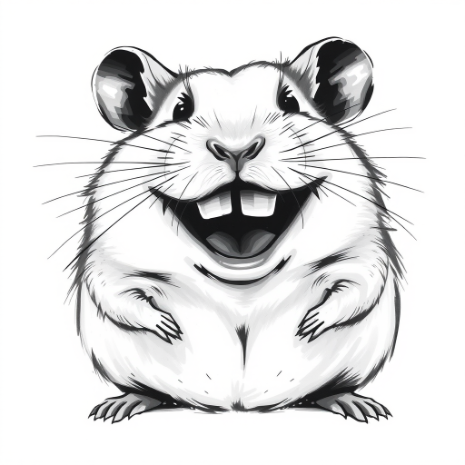 Abstract black and white acrylic portrait of an over exaggerated laughing (hamster). Minimalism style. White background.