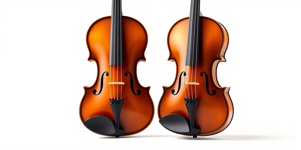 Create a high-resolution digital illustration of two violins standing side by side, captured in a soft light environment using a DSLR camera with a 50mm lens, aperture set to f/2.8, ISO 100, and a shallow depth of field to enhance focus on the violins, maintaining a clean white background for contrast.