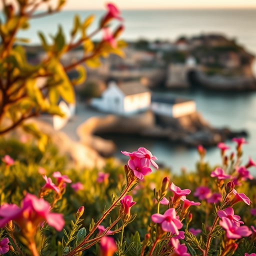 a serene coastal landscape with vibrant pink flowers and a charming house by the water, captured with a Canon EOS R5, 50mm lens, f/1.8 aperture, ISO 100, 1/250 sec exposure, soft golden hour lighting, focused on the foreground flowers and house with a shallow depth of field