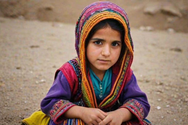 A beautiful Afghan girl, wearing colorful bird clothing with vibrant colors