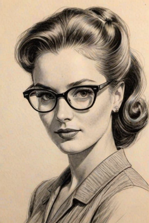 Comely Virginia Roberts, pencil sketch, portrait of Resplendent woman 1950s in glasses, hair style beatnik, outline, clear lines, fine lines, 8k