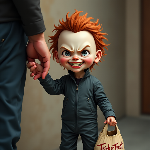A whimsical caricature of a child version of Michael Myers, grinning mischievously. He is held by the hand of an unrecognizable person (only their hand visible), while holding a bag labeled 'Trick or Treat.' His facial expression is playful yet slightly menacing, reflecting his iconic figure. The scene is in portrait format with a Halloween theme, featuring exaggerated cartoon details like big eyes, a small body, and a creepy yet light-hearted tone.