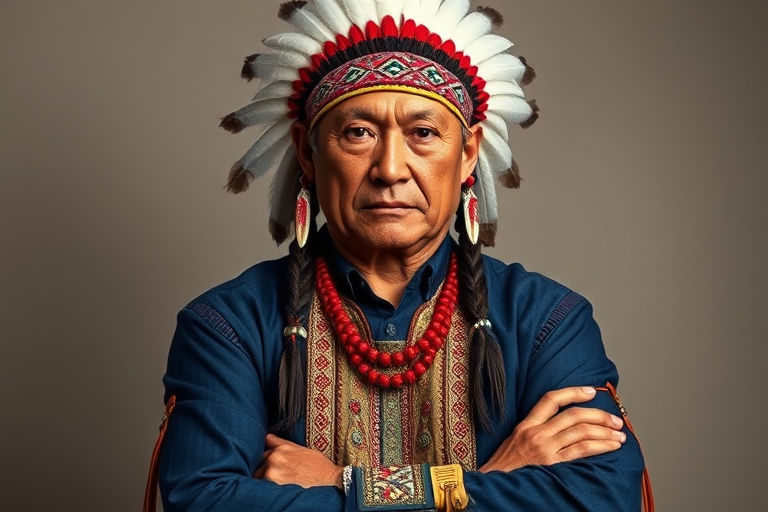 Create a dignified portrait of a Native American man dressed in traditional attire. He wears a beautifully crafted headdress adorned with white feathers and red beads, along with a beaded headband featuring intricate patterns. His clothing includes a deep blue, patterned shirt and a traditional chest piece with detailed beadwork. His arms are crossed, displaying leather armbands decorated with feathers. The background is simple and neutral, emphasizing his proud and stoic expression. The overall image captures the rich cultural heritage and strength of his persona.