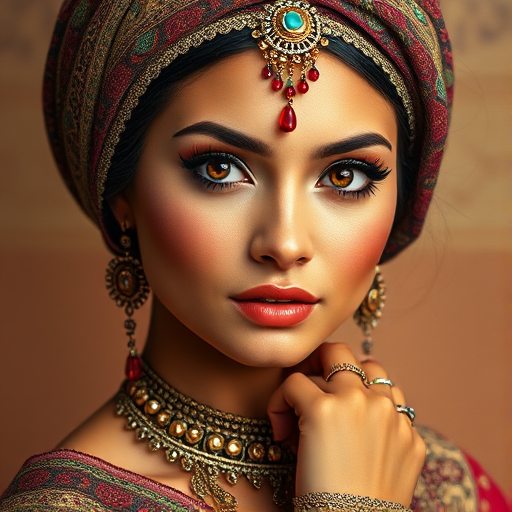 Create a portrait of a beautiful Latino woman with striking red eyes and a gentle expression. She is adorned in traditional attire with intricate patterns, including a richly embroidered headscarf and matching garments. Her jewelry includes a delicate headpiece, dangling earrings, and ornate bracelets, all featuring vibrant gemstones and detailed metalwork. The background is soft and warm, enhancing the rich colors of her outfit and jewelry.