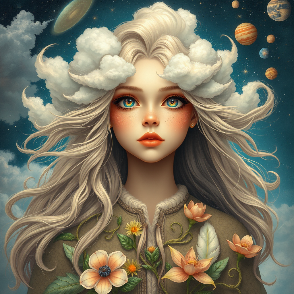 Create a series of imaginative portraits where each subject is infused with elements of fantasy and nature. The hair of the individuals should flow like clouds, varying from soft, fluffy cumulus to wispy cirrus strands, with hints of color reflecting a sunset or a clear blue sky. The eyes should be windows to entire galaxies, with stars, nebulae, and distant planets visible within them. Clothing should be adorned with nature motifs, such as floral patterns that bloom and change, vines that seem to grow and wrap around, or feathers that shimmer with iridescence. Each portrait should capture a unique personality, blending human features with the ethereal beauty of the natural and cosmic world. The backgrounds can vary, from starry night skies to enchanted forests, adding depth and context to the magical realism of the portraits