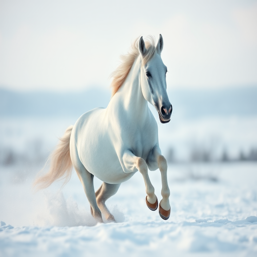 A majestic white horse running through deep snow in a winter landscape, captured with a 50mm lens, f/2.8 aperture, ISO 200, 1/1000s shutter speed, using a full-frame DSLR camera with a shallow depth of field for a soft background blur.