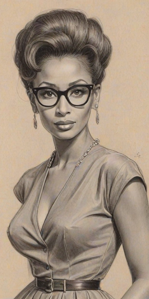 Exquisite Iman, pencil sketch, portrait of Lovely woman 1956s in glasses, hair style beatnik, outline, clear lines, fine lines, 8k
