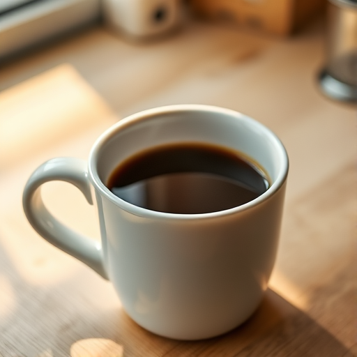 Create a high-resolution image of a steaming cup of coffee in a glossy white ceramic mug, viewed from a slightly elevated angle, with soft lighting, using a DSLR camera with a 50mm lens, f/1.8 aperture, ISO 100, and a shallow depth of field to enhance focus on the mug.