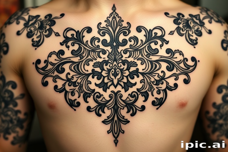 Ornamental blackwork tattoo called "Baroque Elegance" featuring intricate filigree patterns, symmetrical designs, and elaborate scrollwork inspired by historical architectural elements
