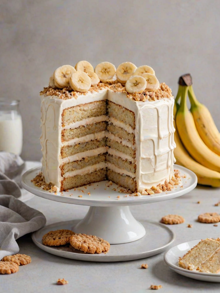 Generate an image of a delicious banana cream cake with a creamy white frosting, topped with sliced bananas and crumbled cookies. The cake should have a slice removed, revealing its layers of banana and cream filling. The setting is a simple white plate with a neutral background.