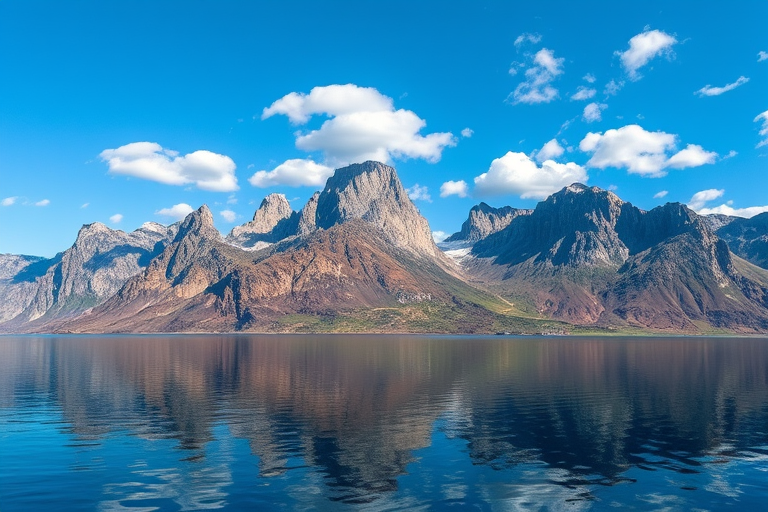 a serene landscape featuring tall, rugged mountains rising from a calm, reflective water surface under a bright blue sky with scattered clouds