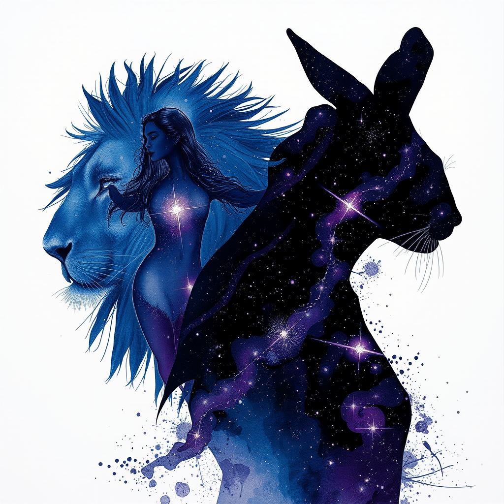 Captivating conceptual render alcohol ink art, double exposure, the paint strokes artfully merge combining a woman's full silhouette with a Humble hare's silhouette. The figures are composed of a series of colored dots, lines & spots that evoke the image of a cosmic galaxy, colors are deep shades of blue purple & black with flashes of white & silver representing distant stars. The woman's silhouette is formed within the lion's silhouette from constellations of scattered stars, surreal