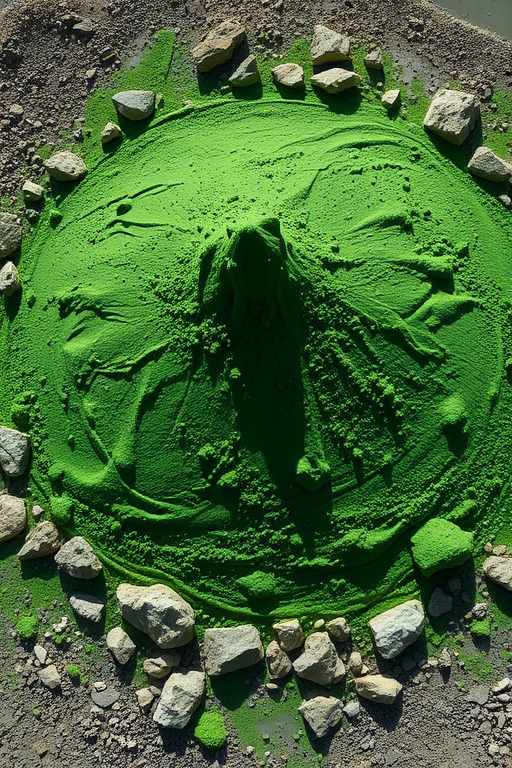 Create a high-resolution image of a large green mound of powder with scattered rocks around it, using a DSLR camera set to f/8 aperture, ISO 100, 1/200 shutter speed, from a slight aerial view, in bright natural lighting.