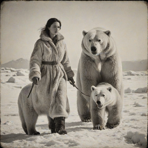A very old photograph in black and white. The photo is badly damaged, faded, with scratches, tears, smudges and dirt. The photo is ultra-realistic and very detailed. It's a picture of an Arctic warrior. She is walking serenely towards the camera. At her side walks a majestic polar bear. Its fur shines in the sunlight. Snow, ice, sea. wind. snow in the air.