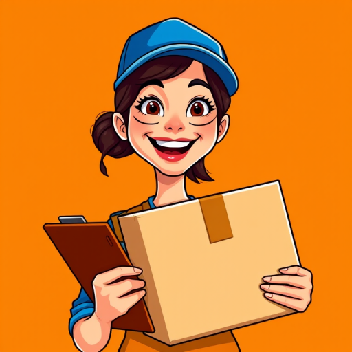 Create a digital illustration of a cheerful woman in a blue cap holding a clipboard in one hand and a cardboard box in the other, with a bright orange background, captured in a vibrant, cartoon style, using a 50mm lens, f/2.8 aperture, ISO 100, and 1/200 sec shutter speed for enhanced clarity and color saturation.