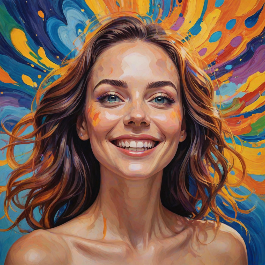 Generate a psychedelic portrait of a woman's happy face with brushstrokes of a woman smiling and looking up at the sky, emphasizing bright and bold colors. The dominant color should be deep blue, with swirling patterns of yellow, green, pink, purple and orange. open blue eyes with long eyelashes, apply an orange-yellow eyeshadow for a mesmerizing effect.