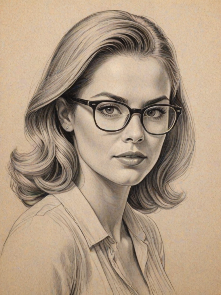 Dazzling Samantha Ponder, pencil sketch, portrait of Enticing woman 1941s in glasses, hair style beatnik, outline, clear lines, fine lines, 8k