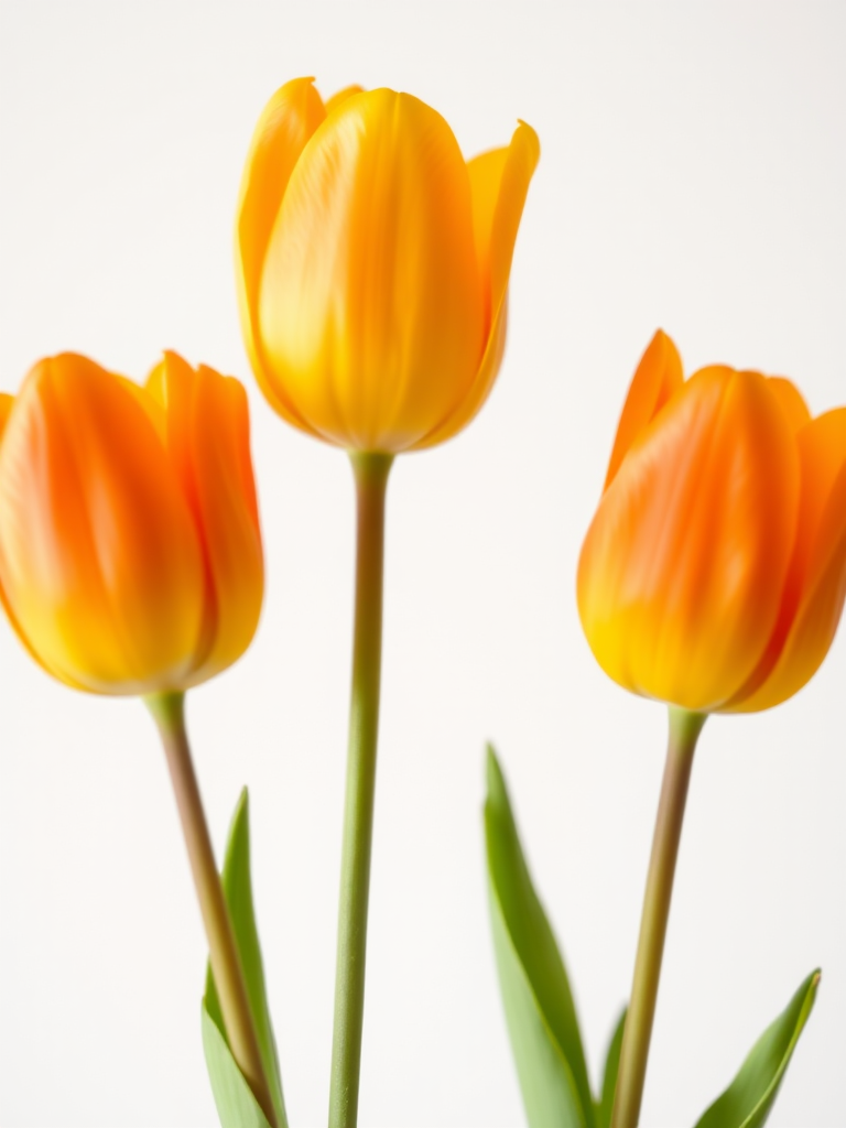 photograph three tulips in bright orange and yellow colors against a white background, macro lens, f/2.8 aperture, 1/200s shutter speed, ISO 100, soft natural lighting, DSLR camera, focus on the flowers with a shallow depth of field