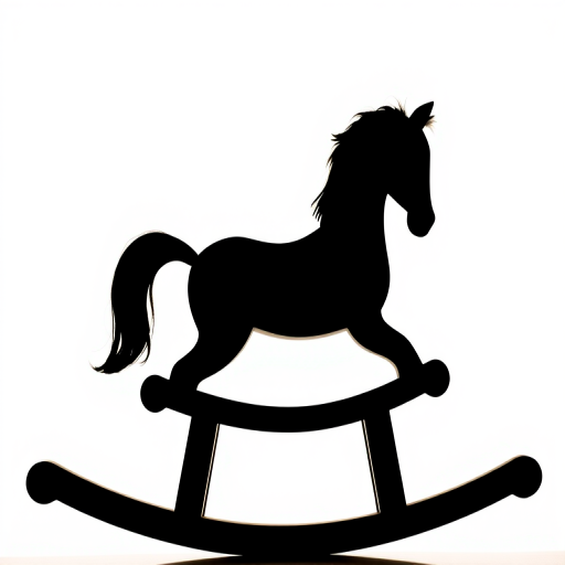 Generate a playful silhouette of a rocking horse, captured with a Canon EOS R5, 50mm lens, aperture f/2.8, ISO 100, shot from a low angle to emphasize height and detail, using a clean white background for clarity.