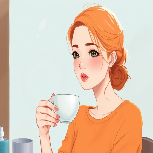Create a detailed illustration of a woman with orange hair sipping tea from a cup, wearing an orange top, viewed from a front angle, with soft pastel colors and a slight artistic blur effect, using a digital art style, with a high-resolution setting of 300 DPI to enhance clarity.