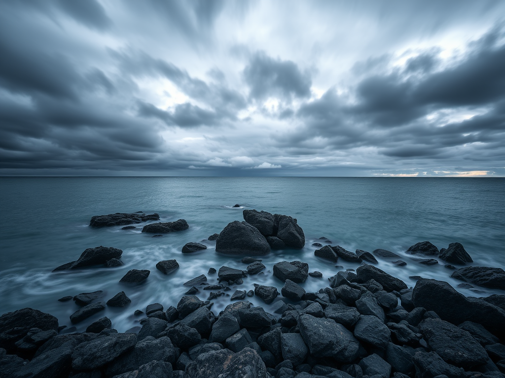 regenerate an image of a dramatic seascape with dark, moody clouds over calm waters and scattered rocks in the foreground, use a Canon EOS R5 camera, aperture f/8, shutter speed 1/125s, ISO 200, wide-angle lens 16mm, soft focus style, landscape orientation