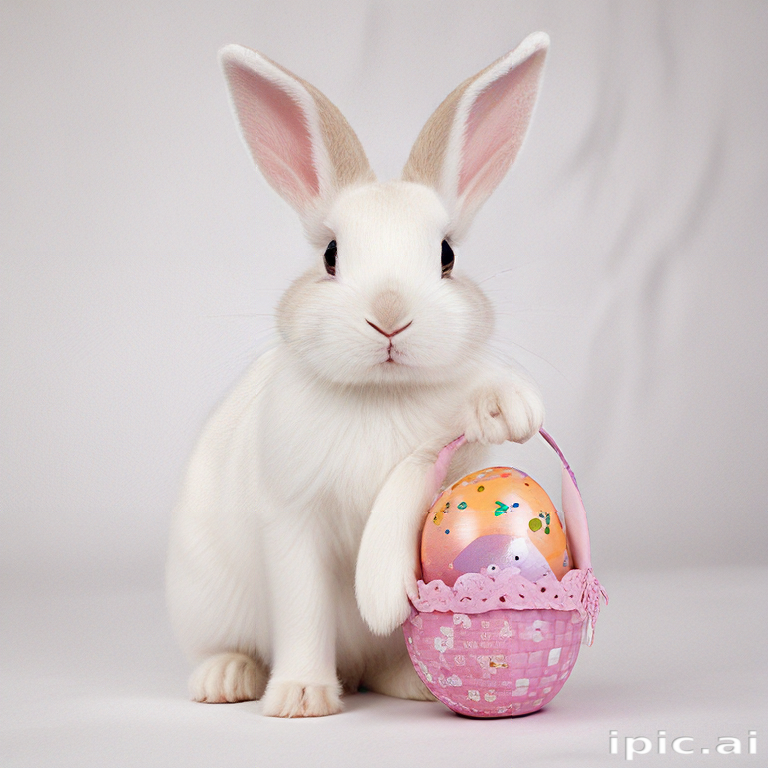 A Cute Bunny Holding a Pink Basket with Colorful Easter Eggs Inside