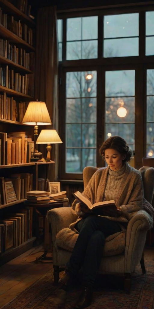 Quiet bookstore at dusk, shelves filled with well-worn books, a woman in a cardigan sits in a plush armchair, reading under the soft glow of a vintage lamp, the smell of old paper thick in the air.