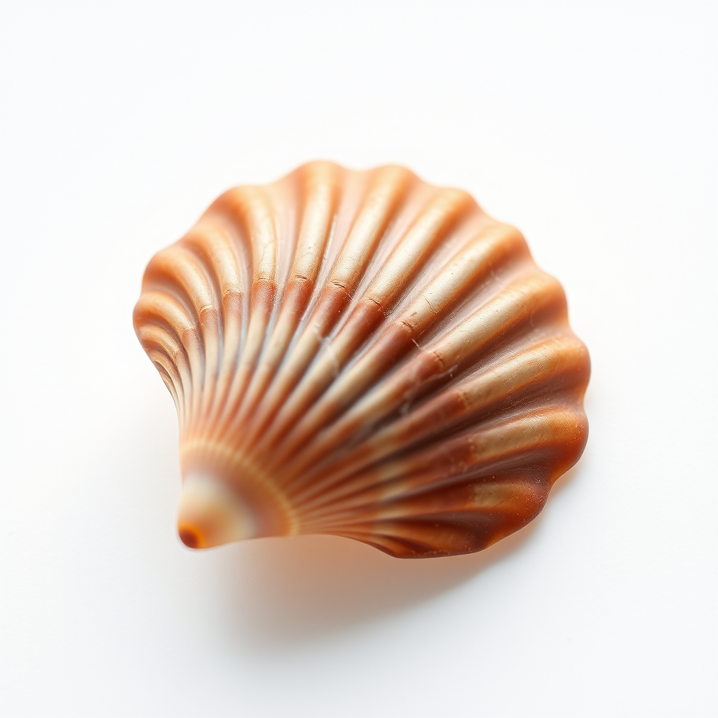 close-up of a brown scallop shell on a white background, macro lens, aperture f/8, ISO 100, 50mm lens, natural lighting, high-resolution image