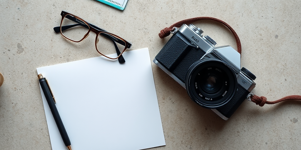 Create a high-resolution flat lay image featuring a vintage camera, a blank sheet of paper, a pen, and a pair of stylish glasses on a textured surface, using a 50mm lens at f/2.8 for a shallow depth of field and soft bokeh, with natural lighting from the left side, in a digital format.