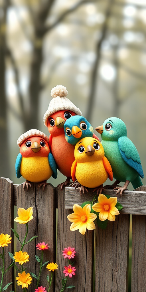 create a scene of 4 quirky  whimsical colourful comical birds each with a funny expression. they are sat on a wooden fence with colourful flowers. they are all different sizes. each one is a different colour  one is wearing a woolly hat. Each one has a different quirky google expression and there is a muted background of trees watercolour paintierly style high definition 8k resolution 3D paper mache