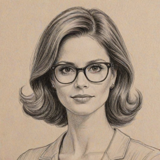 Enchanting Andrea Savage, pencil sketch, portrait of Beauteous woman 1959s in glasses, hair style beatnik, outline, clear lines, fine lines, 8k