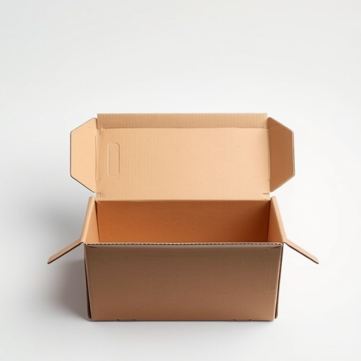Create a high-resolution image of an open cardboard box on a plain white background using a DSLR camera with a 50mm lens, aperture set at f/2.8, ISO 100, shutter speed 1/200s, and a top-down view for clarity and detail.