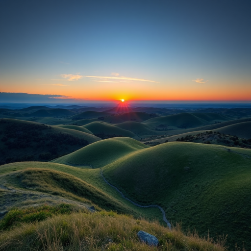 Generate a high-quality image of a serene landscape featuring rolling hills and a vibrant sunset, captured with a Canon EOS R5, 24-70mm lens, aperture f/8, ISO 100, shutter speed 1/125s, using a wide-angle view to encompass the full beauty of the scene.