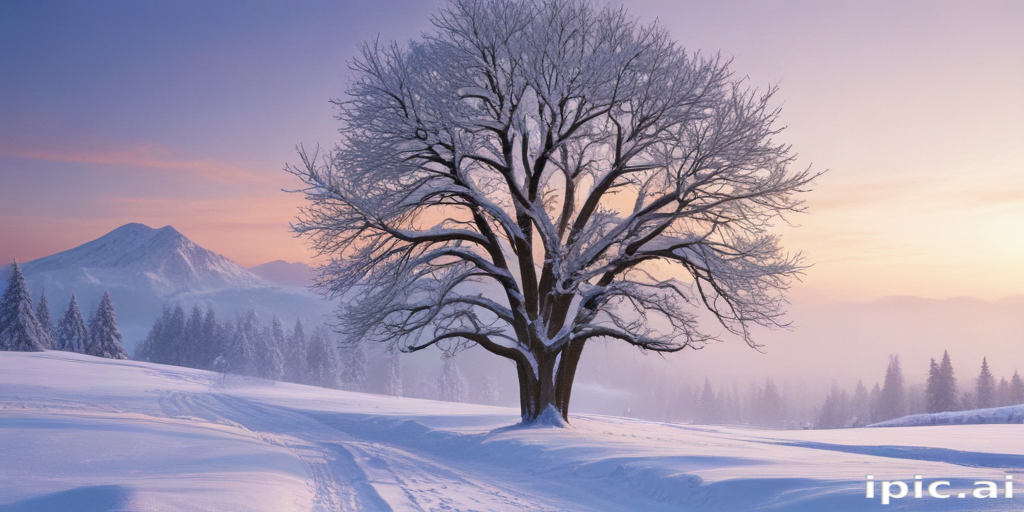 A Serene Winter Scene Featuring a Majestic Tree in Snowy Landscape.