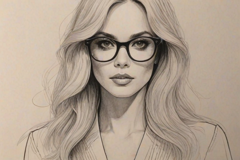 Fascinating Rachel Zoe, pencil sketch, portrait of Radiant woman 1970s in glasses, hair style beatnik, outline, clear lines, fine lines, 8k