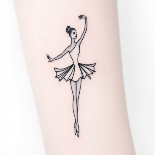 Minimalist line art tattoo "Whispered Silhouette" depicting a graceful ballerina in continuous single-line black ink, with subtle shading and negative space creating depth and movement