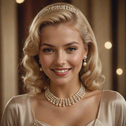 A beautiful Inca woman reminiscent of 1950s Hollywood glamour, with perfectly styled blonde hair and a seductive smile, dressed in a satin blouse and adorned with pearls, soft and warm tones, photorealistic, 8K
