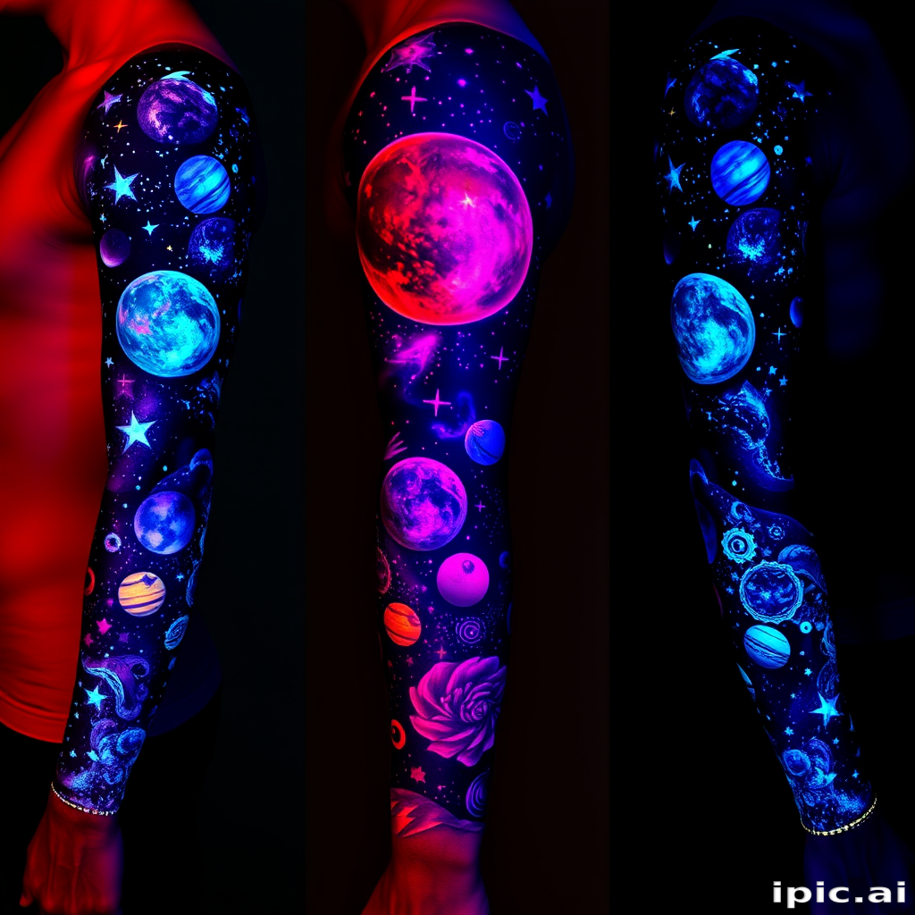 Mesmerizing full-sleeve body tattoo depicting a cosmic galaxy scene with realistic planets and stars in vivid ultraviolet ink, glowing under blacklight for an otherworldly effect