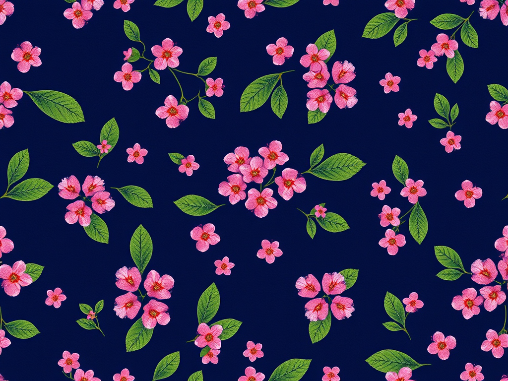 Create a seamless floral pattern with small pink flowers and green leaves on a dark navy background, shot with a DSLR camera at f/8, ISO 100, 50mm lens, using a macro photography style to enhance detail and color vibrancy.