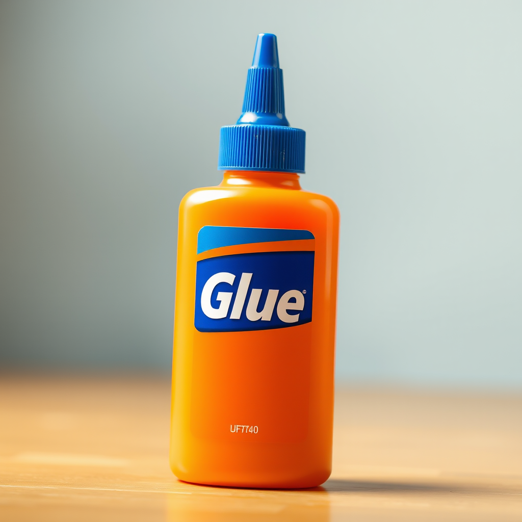 Generate a high-quality vector illustration of an orange glue bottle with a blue cap and the word "Glue" prominently displayed, captured at a 50mm lens with f/2.8 aperture in a soft-focus backdrop to enhance foreground sharpness, using a digital SLR camera for crisp details.